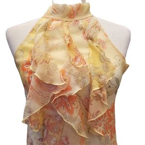 BCX Floral Print Ruffle Detail High Neck Back Tie Sleeveless Top XS